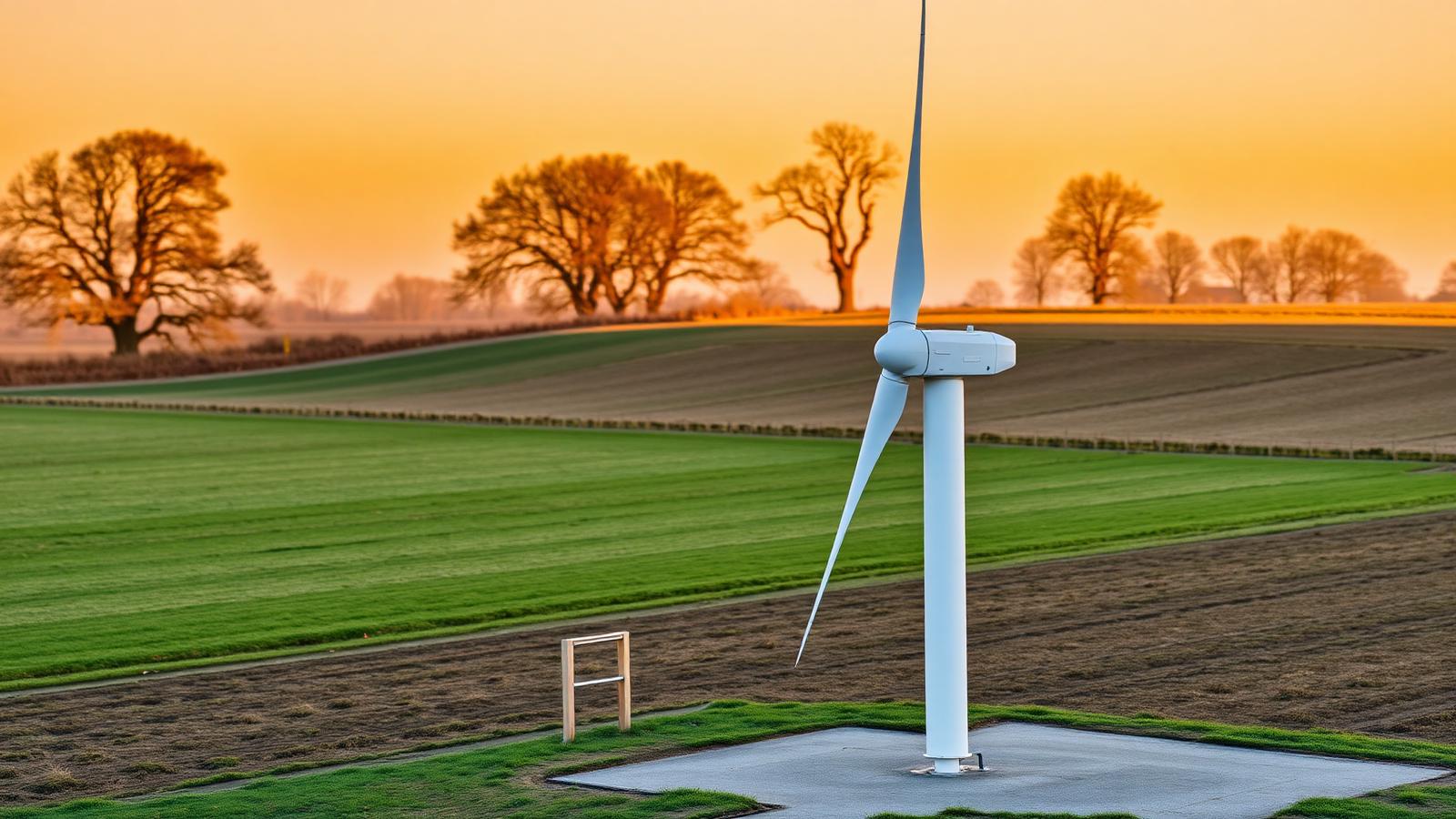 Small wind turbine on a UK commercial site at golden hour